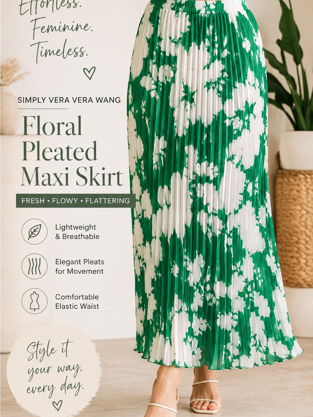 Simply Vera Vera Wang Green White Floral Pleated Midi Skirt S